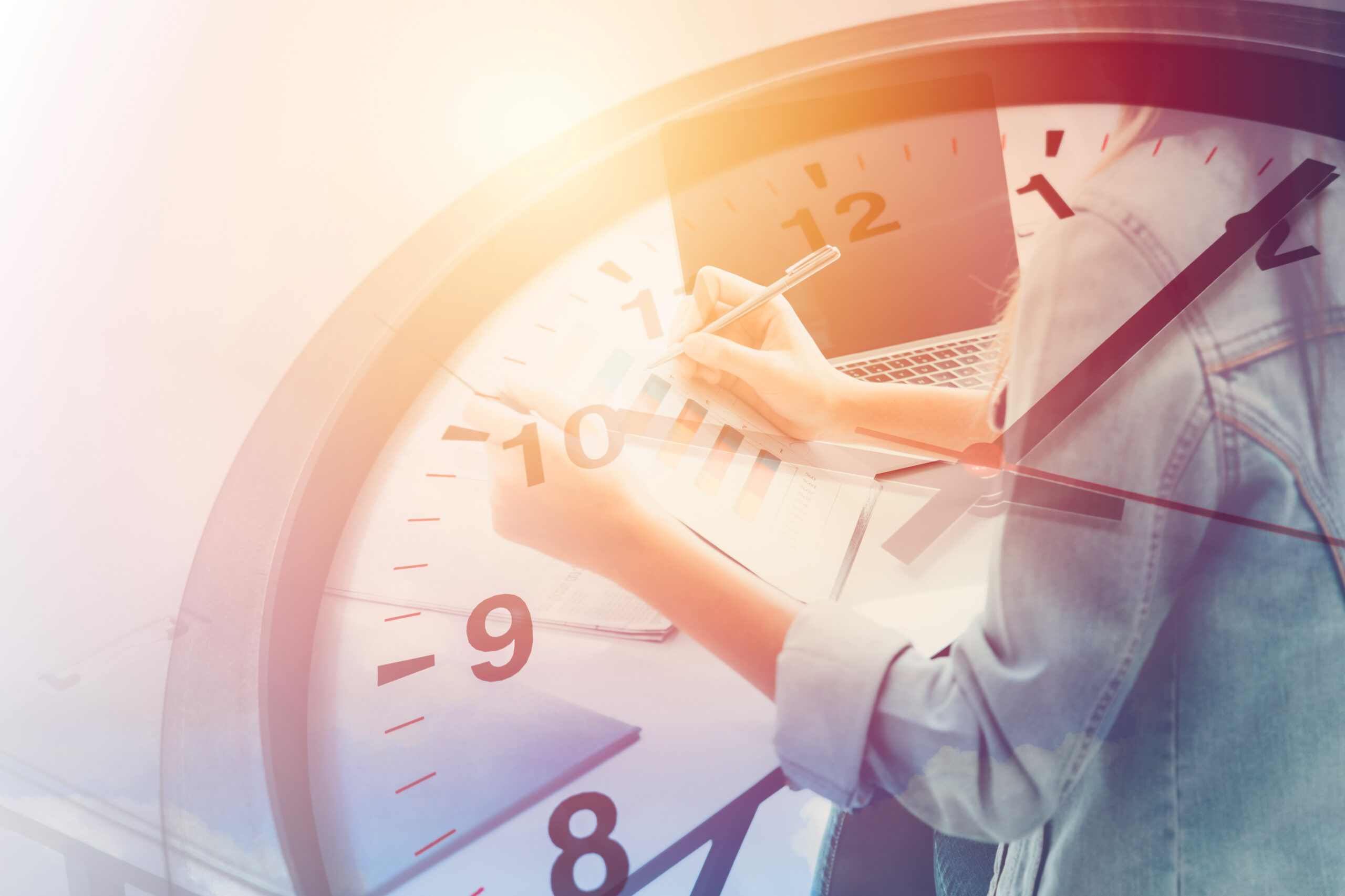 Clock overlay of woman working